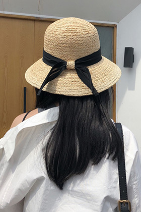 백 리본 동글 라운드 밀짚 모자