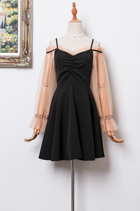 파티룩 시스루 블랙 오프숄더 원피스 드레스