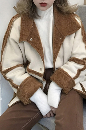 귀여운 스트릿 데일리 뽀글이 양털 배색 자켓 (아이보리+브라운)