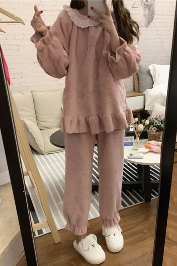 [SALE상품] 러블리 레이스 프릴 리본 파자마 티셔츠 &amp; 팬츠 세트 (핑크) #수면잠옷