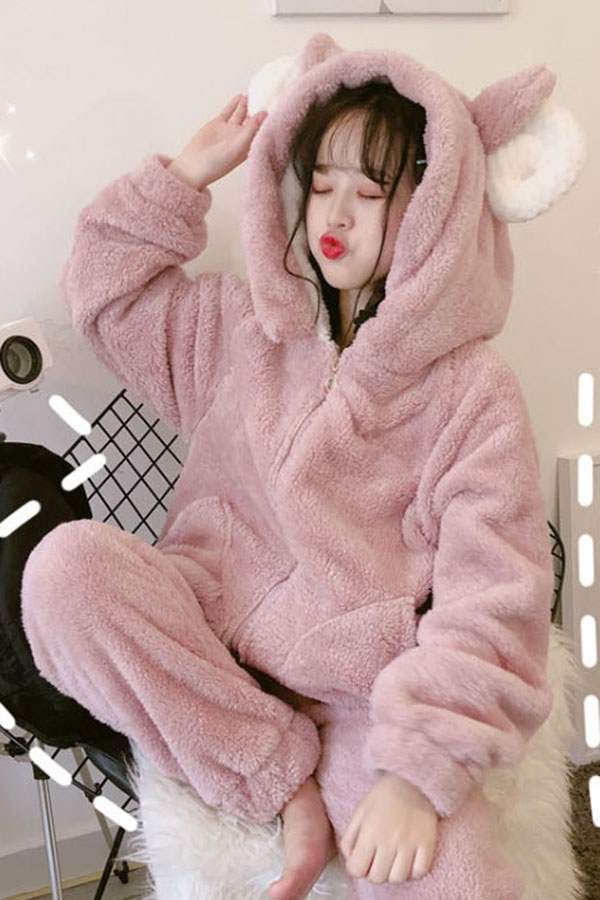[SALE상품] 양한마리 기모 후드 집업 &amp; 팬츠 파자마 세트 (핑크) #수면잠옷