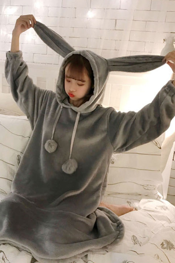 [SALE상품] 토끼 후드 오버사이즈 파자마 원피스 (핑크.그레이) #수면잠옷