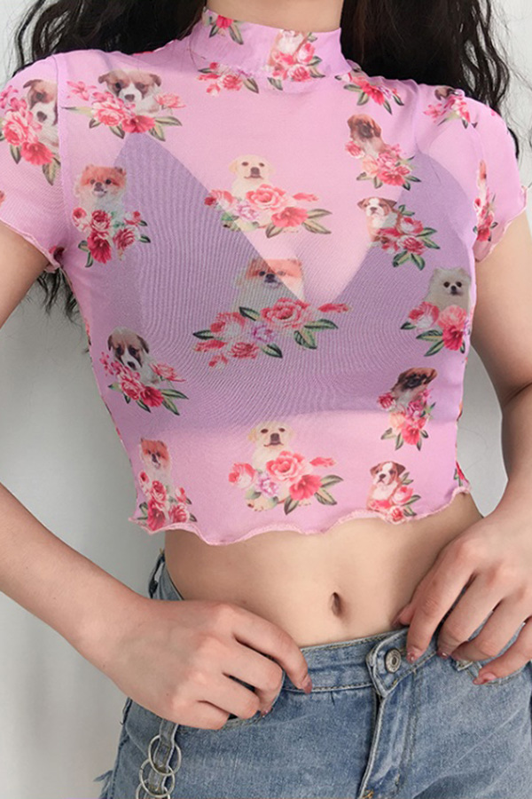 마이 도그 앤 플라워 패턴 시스루 크롭 티셔츠 (핑크) #유니크#스트릿