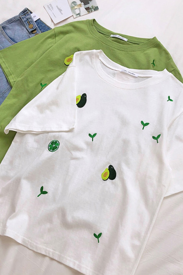 새싹 자수 루즈핏 반팔 티셔츠 (그린.화이트)