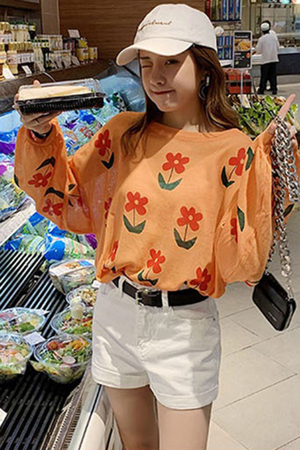 꽃송이 시스루 오버핏 긴팔 티셔츠 (화이트.오렌지) #플라워