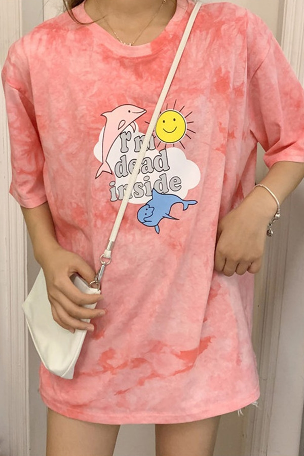 (무료배송) 돌핀 키치 러블리 나염 패턴 티셔츠 (핑크.카키.옐로우)