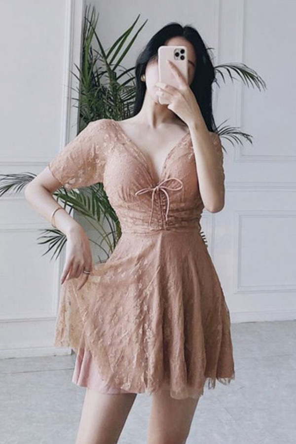 셀로나 시스루 레이스 단아한 핑크 커버업 섹시 원피스수영복