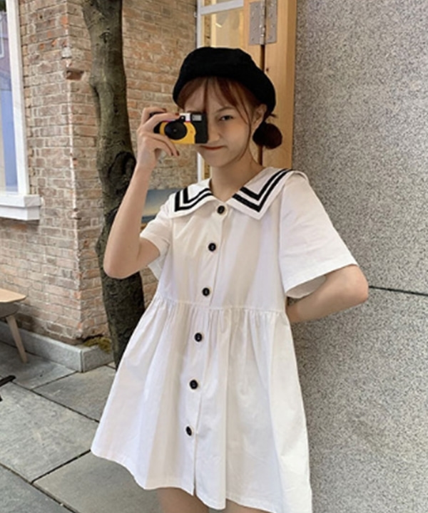 (당일배송/무료배송) 세일러문 마린룩 심플 일본 스퀘어 교복 해군여친 반팔원피스 (화이트)