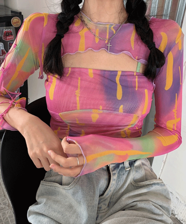 네온 뉴트로 나염 크롭티셔츠 &amp; 나시 세트 (핑크) #레트로스트릿 #볼레로 #시스루