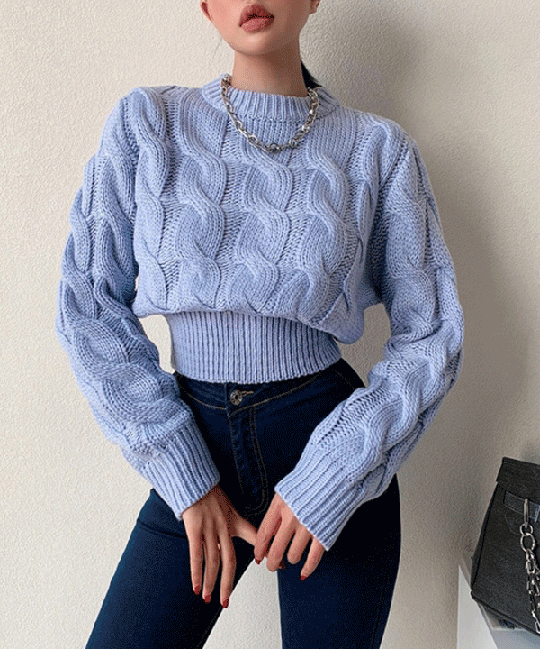 루즈 앤 슬림 크롭 꽈배기 니트 티셔츠 (블루.화이트.베이지) #스웨터#스트릿