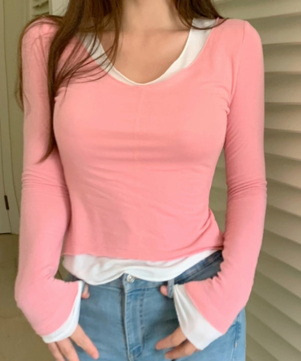 밀키 레이어드 라운드넥 슬림핏 긴팔 티셔츠 (핑크)
