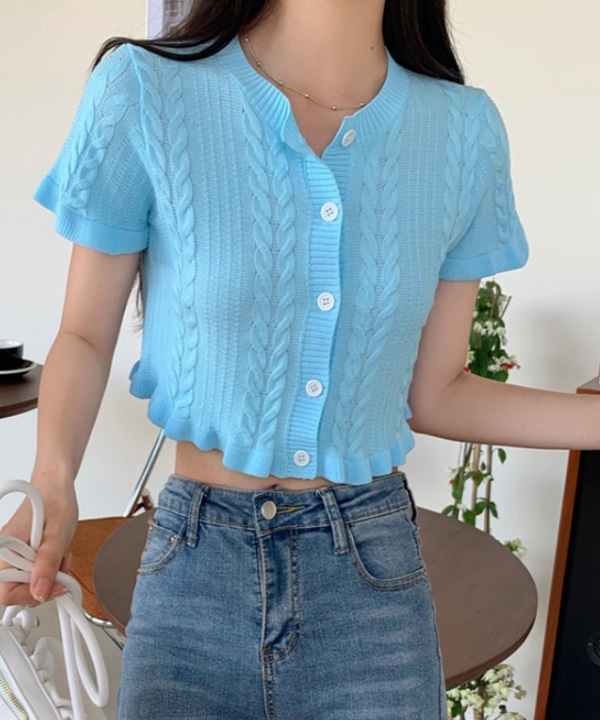 러블리큐트 데일리룩 꽈배기 버튼 여름 반팔 가디건 티셔츠 (블루.옐로우)