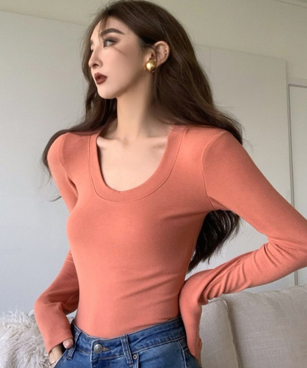 무료배송 딥라운드넥 슬림핏 긴팔 티셔츠 (블랙,핑크,커피브라운)