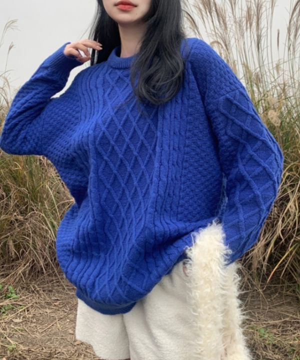 무료배송 본투비 꽈배기 아가일 오버핏 니트 스웨터 티셔츠 (블루)