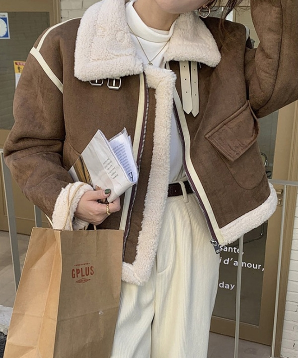 무료배송 언더 덤블 양털 배색 카라 숏 무스탕 자켓 (커피브라운,살구)