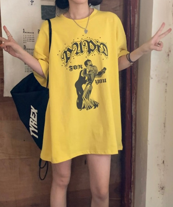 무료배송 빈티지 댄스 프린팅 오버핏 스트릿 반팔 티셔츠 (옐로우)