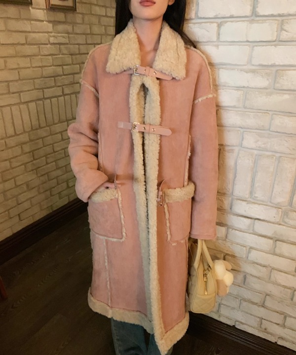 무료배송 2ver 벨트 양털 뽀글이퍼 스웨이드 무스탕 롱코트 / 자켓 (핑크)
