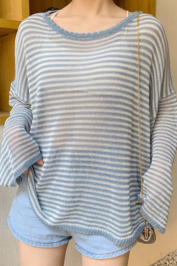 [SALE] 시스루 스트라이프 오버핏 니트 티셔츠 (블루.블랙.오렌지)